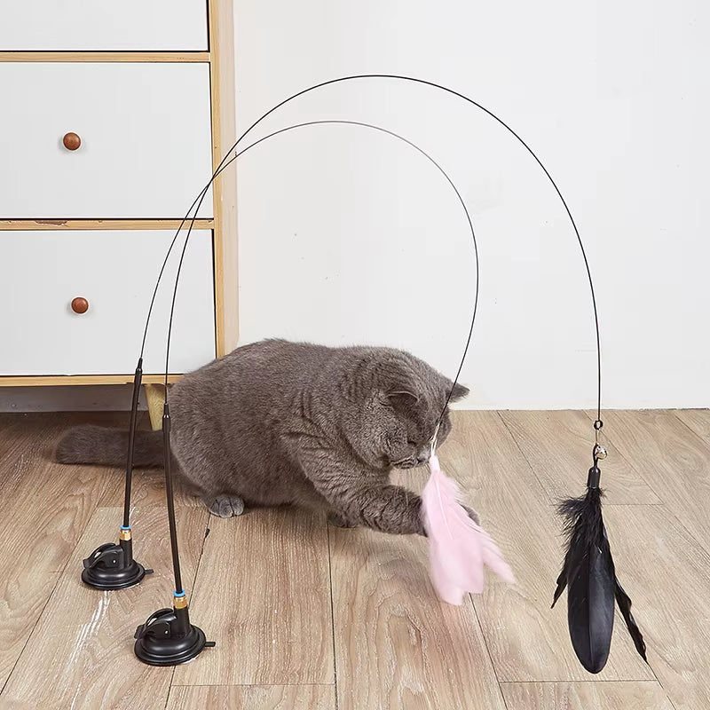 Cat Feather Teaser Toy – Interactive Wand with Bell and Suction Cup for Playful Cats