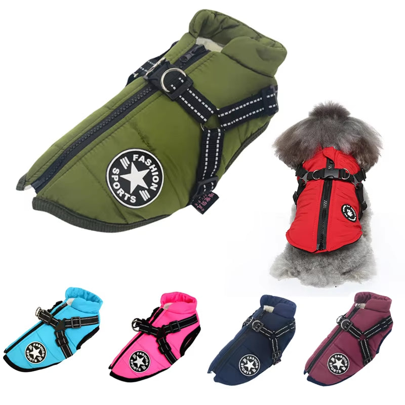 Warm Dog Coat with Harness – Waterproof Winter Jacket for Big and Small Breeds